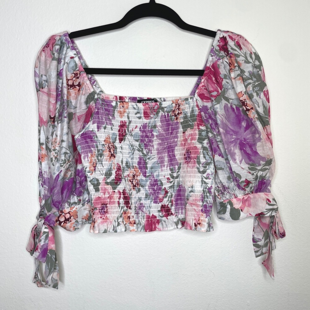 Express Floral‎ Smocked Puff Sleeve Crop Top XS Purple Pink Cottagecore Coquette
